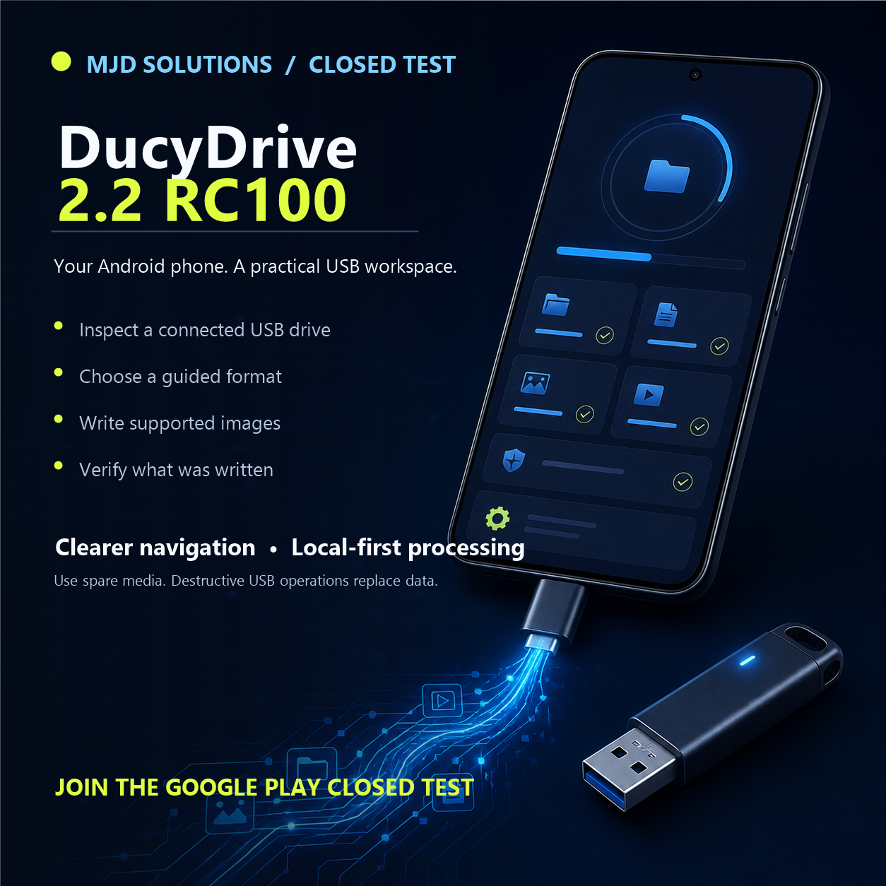 DucyDrive campaign graphic showing an Android phone connected to a USB drive